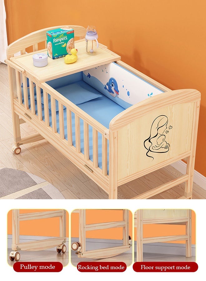 Spides Multifunctional Baby Crib 6 in 1 Convertible Wooden Baby Bed Adjustable Nursery Bed with Wheels Portable Foldable Baby Rocker Extended Length (106 to 150cm) Solid Wood Baby Bedside Sleeper with Flip Changing Station - Image 1